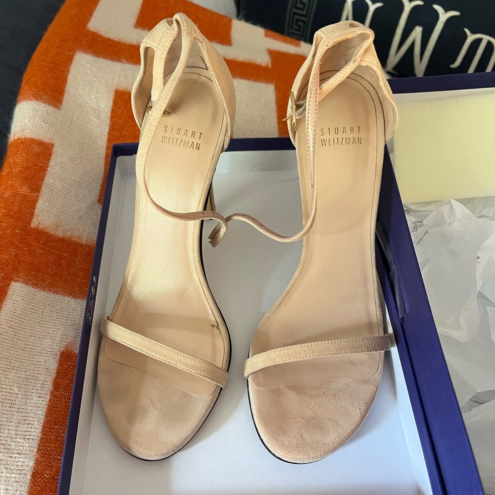 Stuart Weitzman Nude/Blush Ankle-Strap Suede Heels